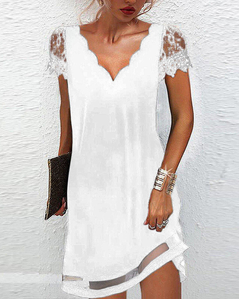 Short sleeve lace dress with V-neck