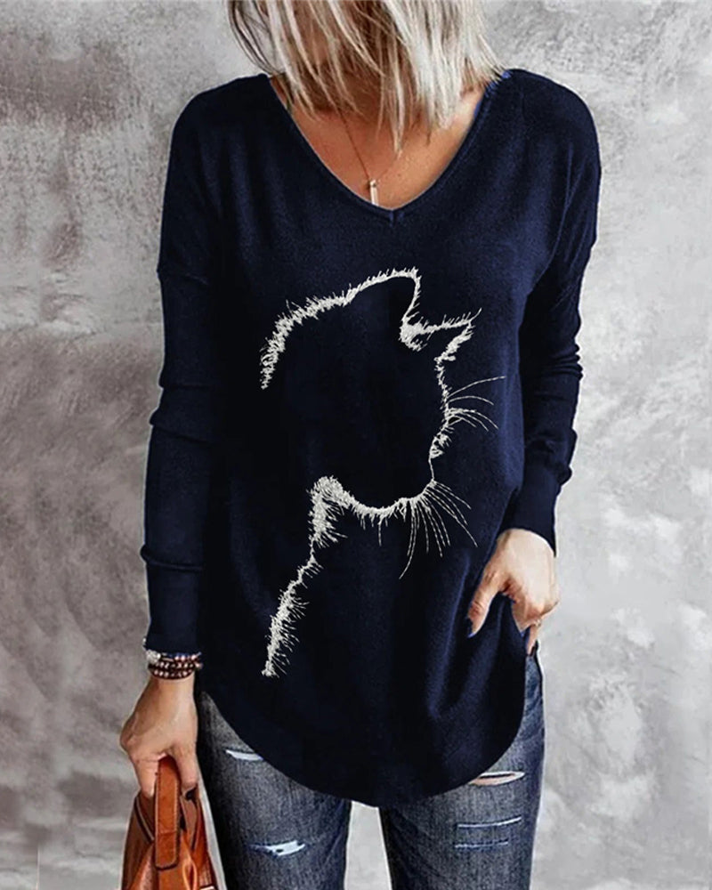 Printed long sleeve top with V-neck