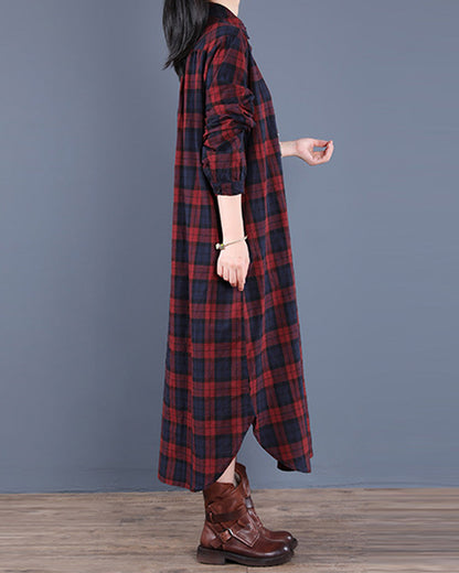 Long-sleeved shirt dress with checked lapels
