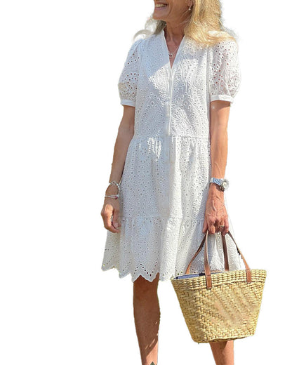 White lace dress with V-neck