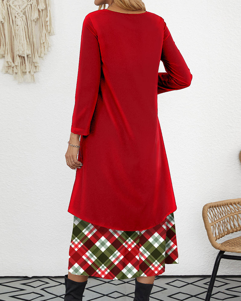 Red fake 2-in-1 check velvet A-line dress