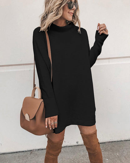 Solid color casual loose dress with turtleneck