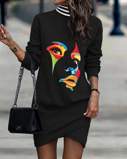 Printed dress with turtleneck and long sleeves