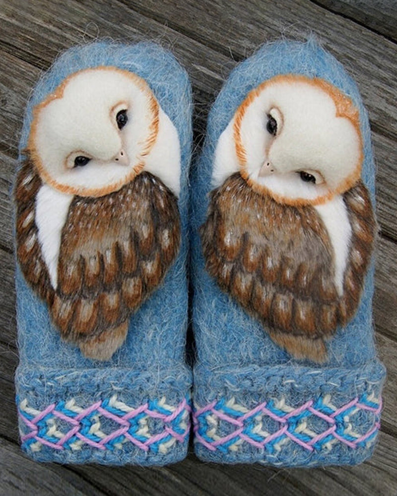 Handwoven Nordic wool gloves with owls