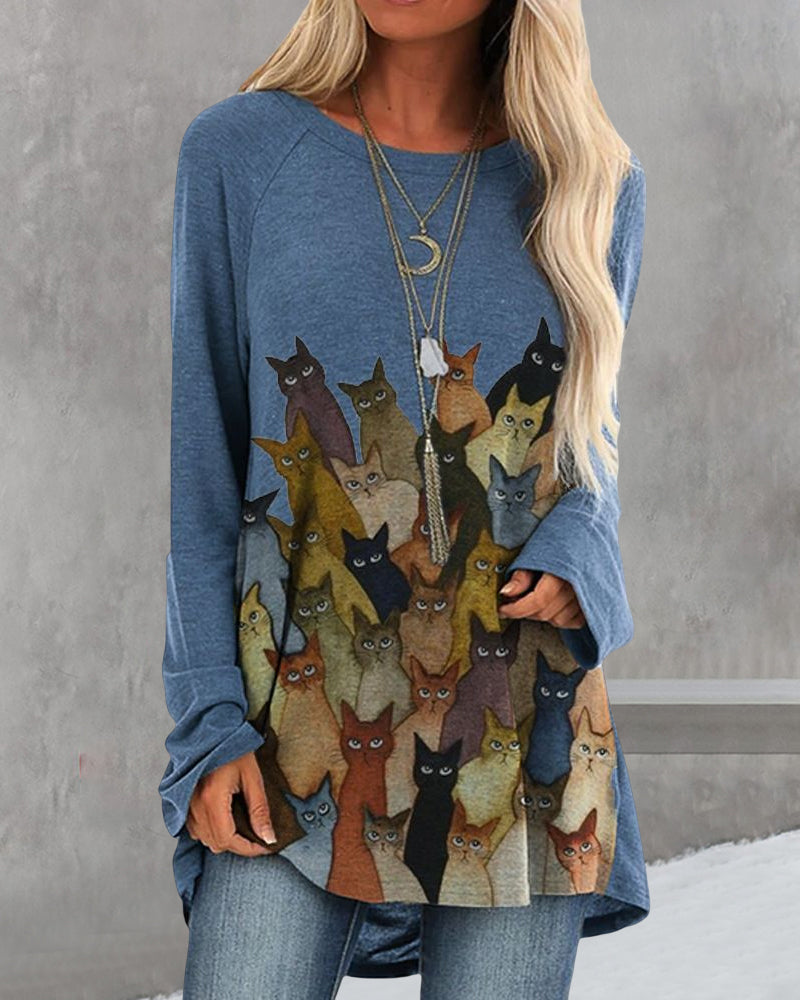 Long sleeve top with crew neck and cat print