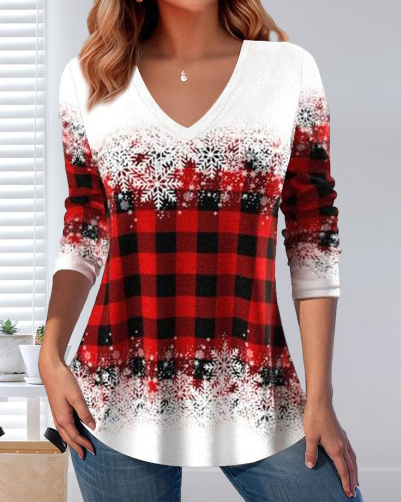 Top with a Christmas check pattern and V-neck