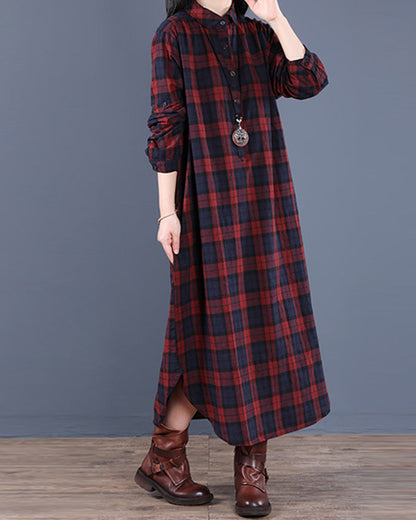 Long-sleeved shirt dress with checked lapels