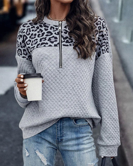 Zip-up sweatshirt with leopard patchwork print