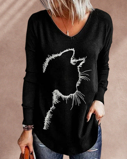 Printed long sleeve top with V-neck