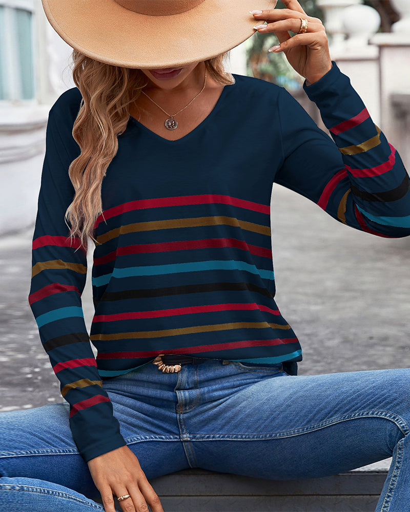 Casual V-neck top with striped print
