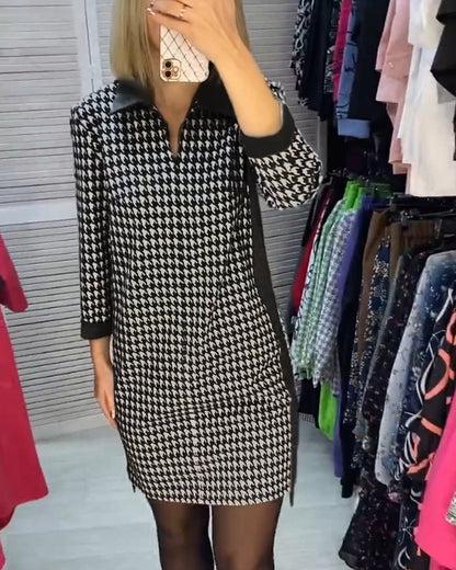 Lapel dress with pocket and checked pattern