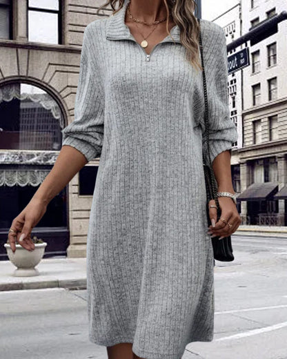 Casual solid color sheath dress with long sleeves and zipper