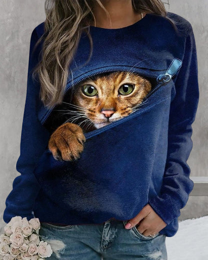 Long-sleeved crew neck sweatshirt with cat print