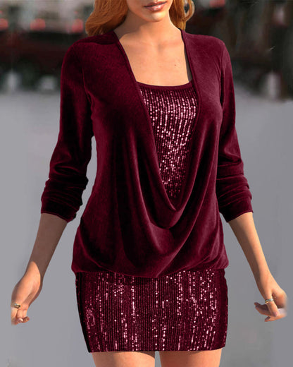 Sequin dress with velvet seams and long sleeves