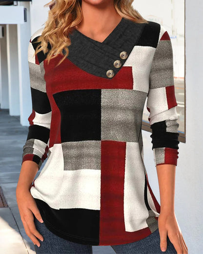 Color block top with V-neck and long sleeves