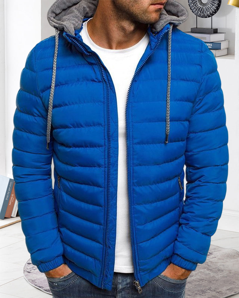 Solid color hooded jacket with zip fastening