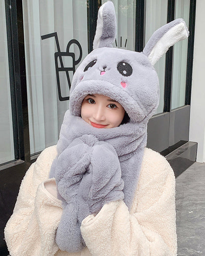 Hat scarf gloves with movable rabbit ears