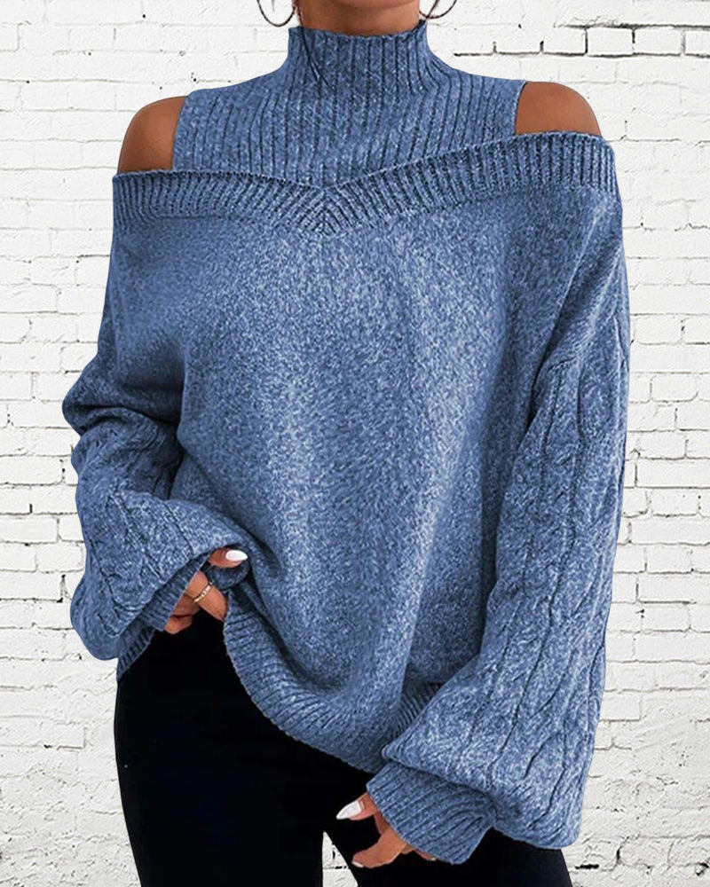 Chic solid color sweater with a high neck, cold shoulder and long sleeves