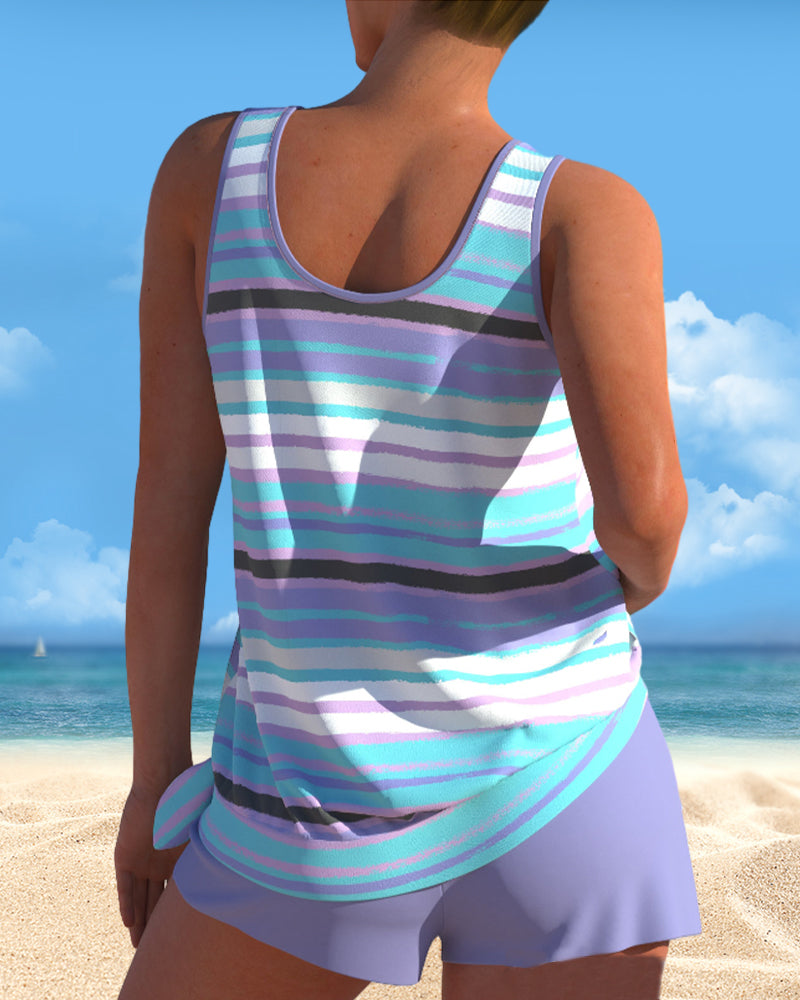 Scoop neck tankinis with striped print