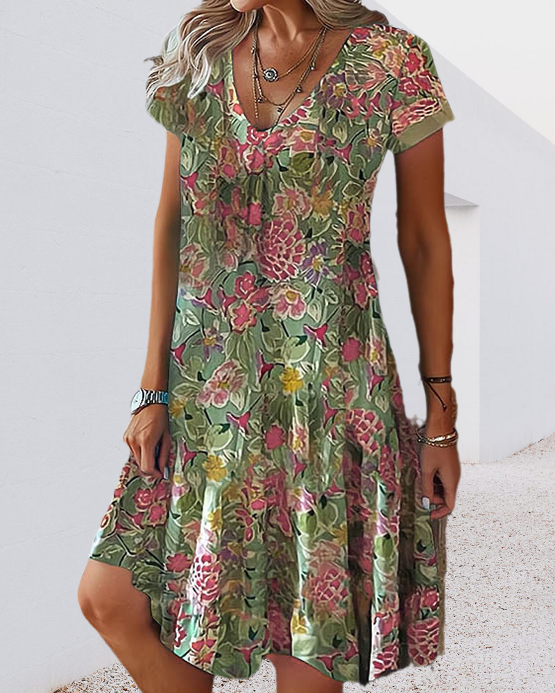 Short sleeve dress with feather and floral print