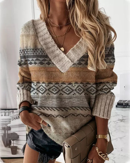 Geometric sweater with V-neck and long sleeves