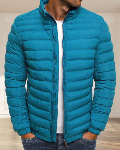 Solid color jacket with stand-up collar and zip fastening