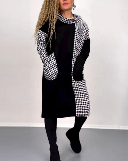 Checked color block dress with a crew neck