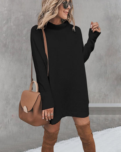 Solid color casual loose dress with turtleneck