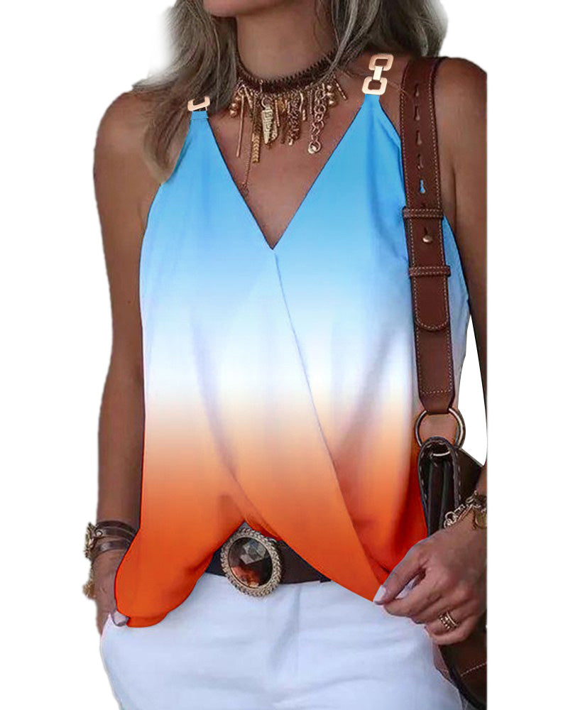 Simple printed vest with metal buckle and v-neck