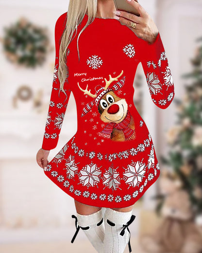 Christmas dress with moose and snowflake pattern and long sleeves