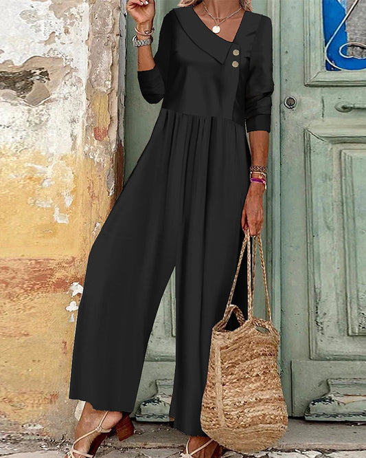Plain-colored jumpsuit with asymmetrical collar