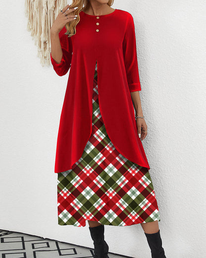 Red fake 2-in-1 check velvet A-line dress