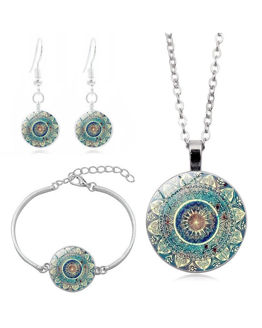 Mandala flower time gemstone necklace set