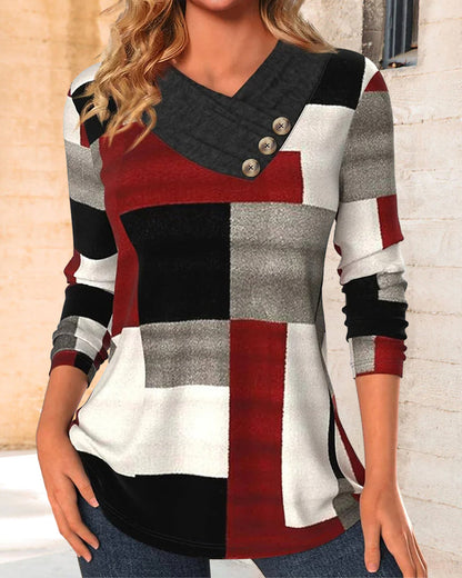 Color block top with V-neck and long sleeves