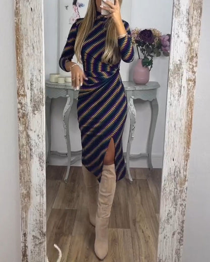 Sexy dress with stripes and stand-up collar