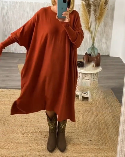 Solid color sweater dress with batwing sleeves