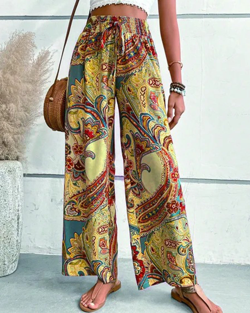 Casual trousers with ethnic print and drawstring