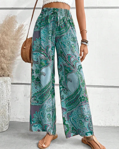 Casual trousers with ethnic print and drawstring