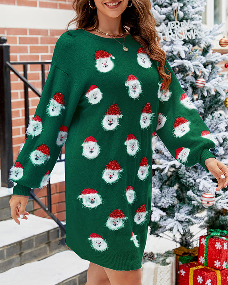 Casual sweater dress with Santa Claus print