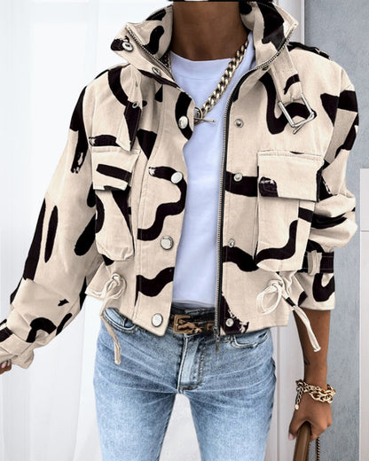 Zip-up coat with abstract print