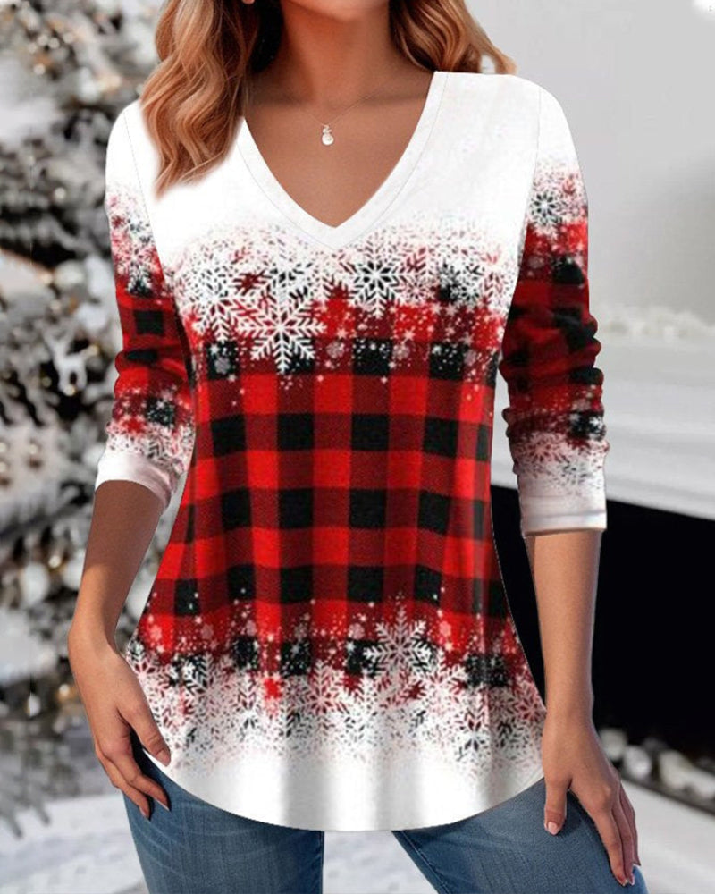 Top with a Christmas check pattern and V-neck