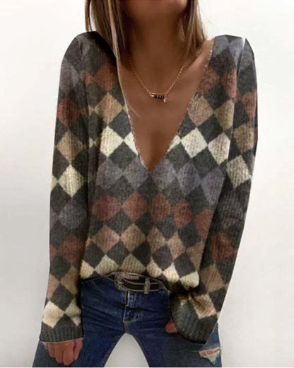 Sweater with geometric print and V-neck