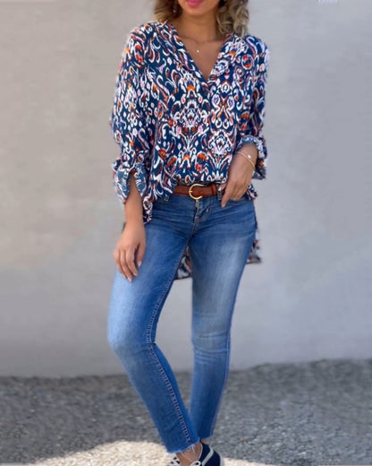 V-neck floral blouse with long sleeves