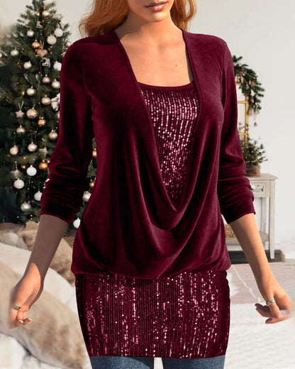 Sequin dress with velvet seams and long sleeves