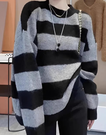 Loose striped knitted sweater with a V-neck
