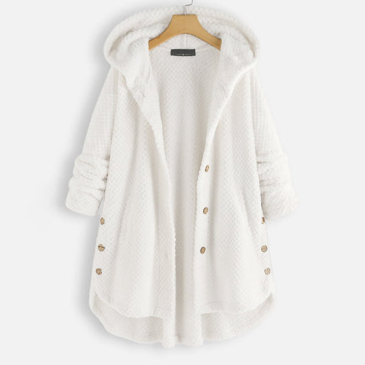 Mid-length, reversible fleece jacket with hood for winter