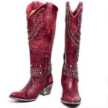 High boots with metal studs and chunky heel