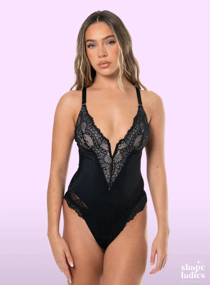 Thong bodysuit with deep V neckline and lace