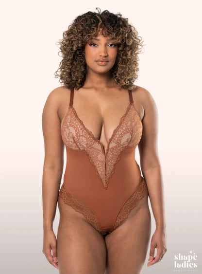 Thong bodysuit with deep V neckline and lace