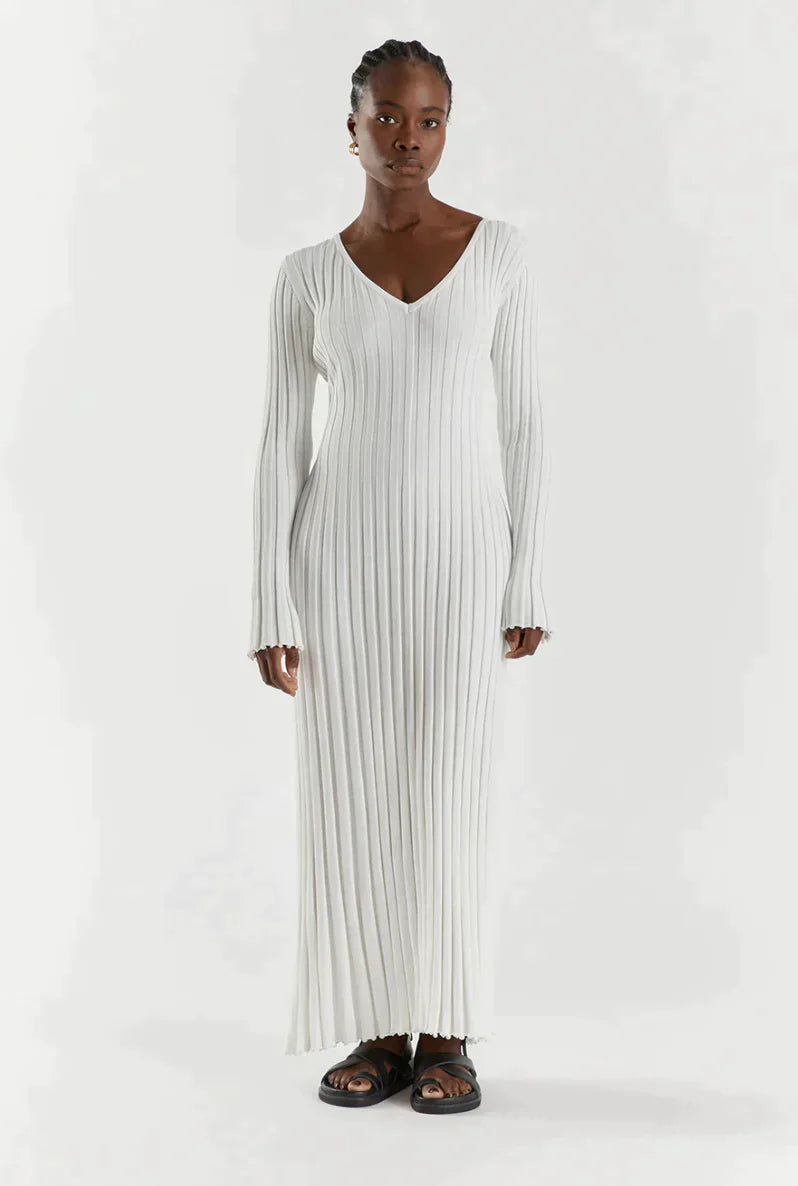 Knitted midi dress with V-neck and sleeves